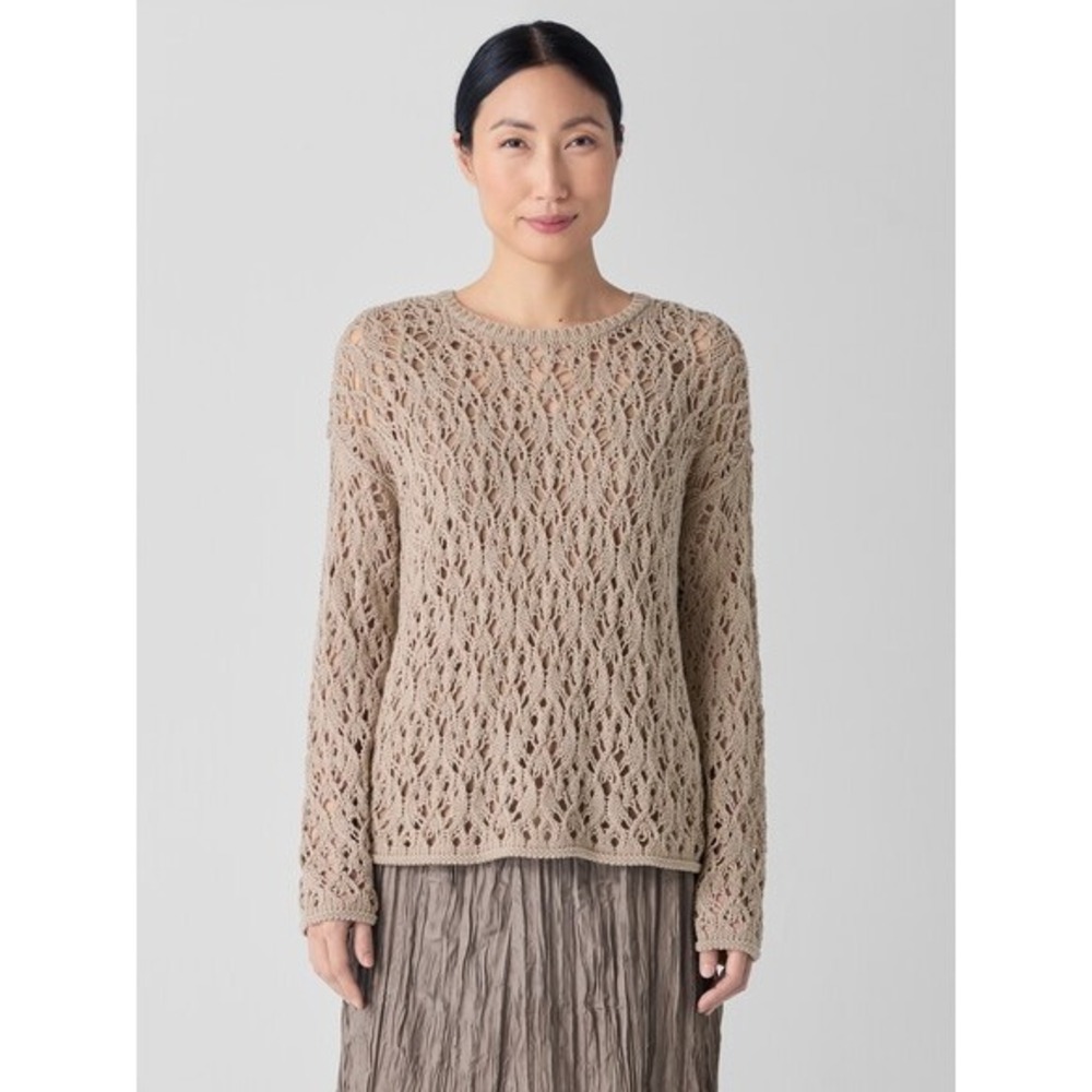 Eileen Fisher Peruvian Organic Cotton Cord Crew Neck Top Open Knit Tan Medium